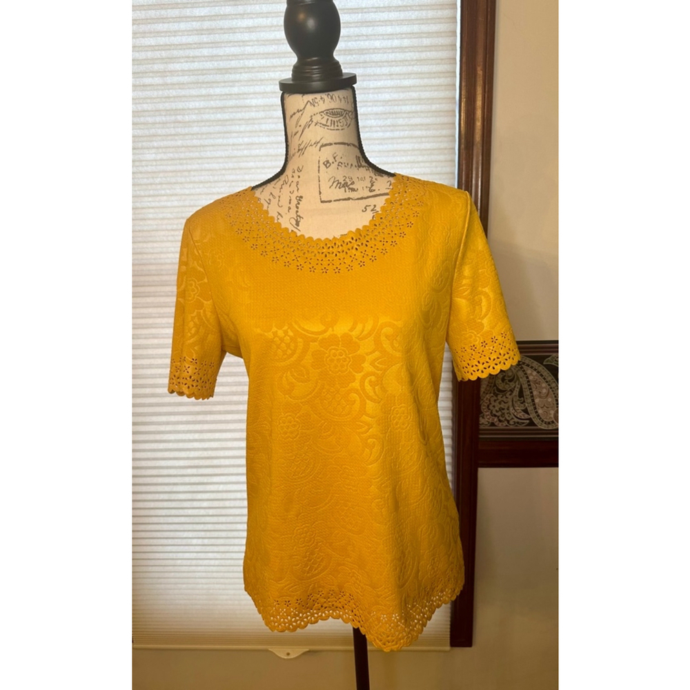 Chances R Small Mustard Embossed Floral Scalloped and Flower Cutout Blouse